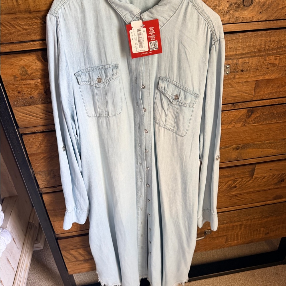 REBA Tencel Button Front Shirt Dress Tunic Light Blue XL